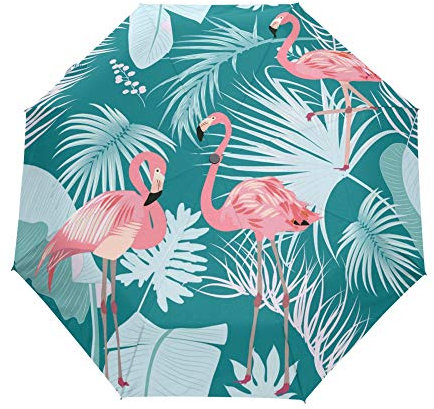 Automatic Folding Umbrella, Flamingo Plants and Flowers Green UV Protection Umbrella, Portable Sun and Rain Umbrellas for Children Women Men