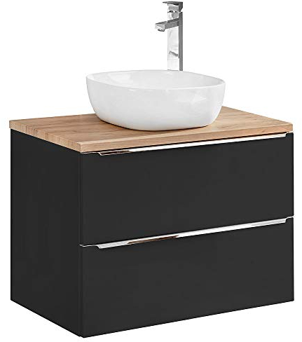 Lomadox Badezimmer Waschplatz mit Keramik-Aufsatzwaschbecken seidenmatt anthrazit & Wotaneiche 80cm breit dunkelgrau