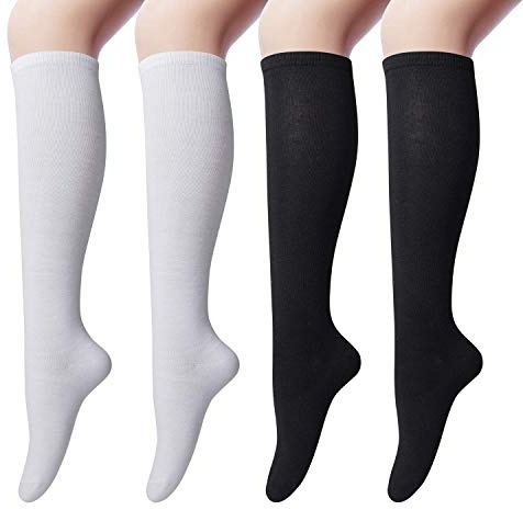 4 Paia Calzettoni Donna in Cotone Calze Gambaletto, Calzini Lunghi Donna, Calzini Gambaletti di Coscia Retro Casual Socks Nero Taglia Unica