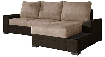 MOEBLO Ecksofa mit Schlaffunktion mit Bettkasten Couch L-Form Polstergarnitur Wohnlandschaft Polstersofa mit Ottomane Couchgranitur - Gomez (Dunkelbraun+Beige(Dora 28+Dora 21), Ecksofa Rechts)