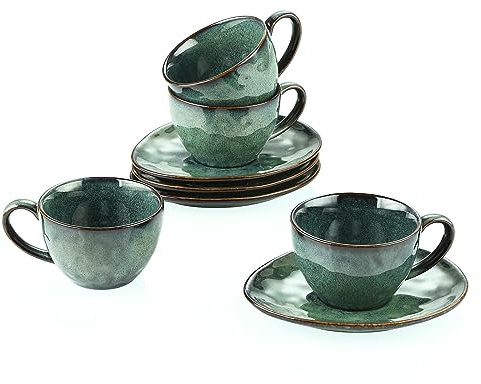 vancasso Starry Cup and Saucer Set, Ceramic Coffee Cup Set for 4 People, 270 ml Afternoon Tea Cup Set, Espresso Cup, Cappuccino Cup, Suitable for All Kinds of Drinks, Green