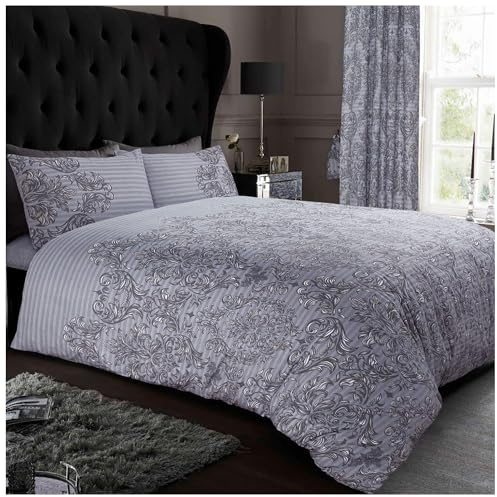 GC GAVENO CAVAILIA Jacquard Bedding Set, Printed Duvet Cover Super King Size Polycotton Damask Quilt Cover, Grey