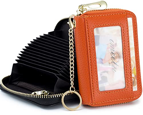 imeetu Card Holder for Women RFID Card Holder Wallet Slim Leather Cardholder Damen with 12 Card Slots, 2 Wide Cash Slots, Keyring & ID Window (Small,Orange)