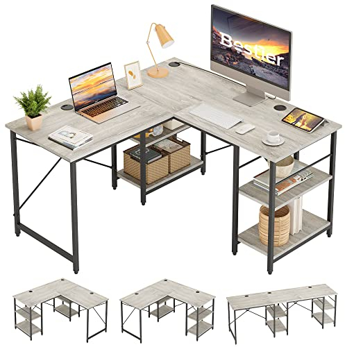 Bestier L-förmiger Schreibtisch mit Regalen Reversibel Eckschreibtisch 220CM Industrieller Langen Tisch Stabil Schreibtisch L Form Computer Workstation mit 3 Kabellöchern