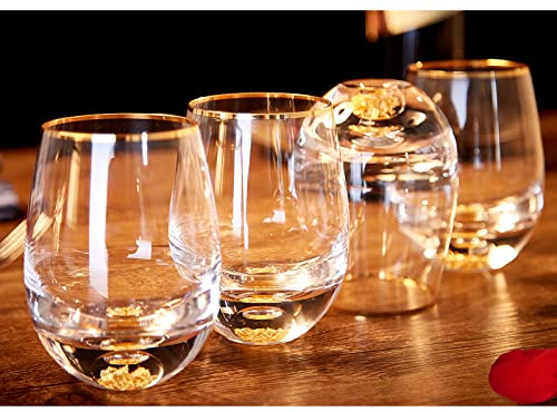 DUJUST Stemless Wine Glasses Set of 4 (14oz), Crystal Wine Glasses Decorated with 24K Gold Leaf Flakes, for Red & White Wine, Personalized & Unique Wine Sets Gifts for Women/Men- 4 pcs