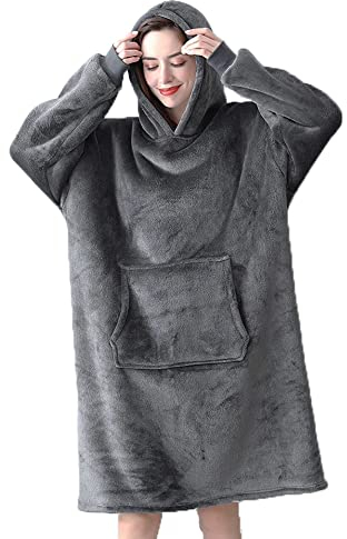 LAMOOER Hoodie Sweatshirt Decke, übergroße weiche Flanell Hoodie Decke mit großer Tasche, Home Warm Pyjama für Damen, Herren, Kinder (Grau)