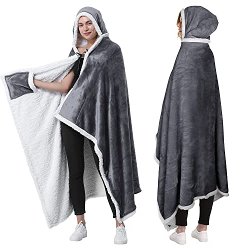 Catalonia Classy Wearable Poncho Blanket with Hood, Warm Sherpa Fleece Wrap Throw Cape with Pocket, Super Soft Comfy Portable Fleece Blanket for Women and Men, 125 X 185 cm, Grey