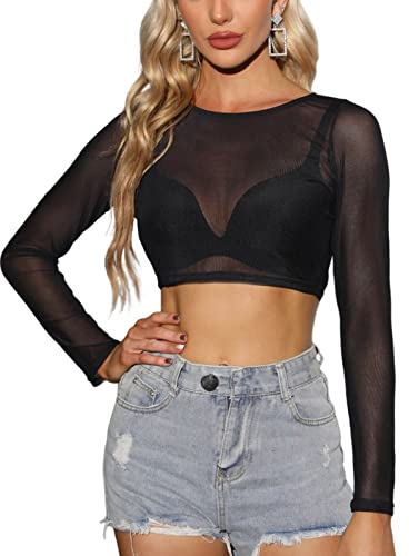 Niwicee Damen T-Shirt Sexy Langarm Transparent Shirt Rundhals Durchsichtige Casual Tops Schwarz Mesh Oberteile Fishnet Sheer Mesh Bluse Tunika Clubwear Party Tops Netzoberteil-F-Short-L