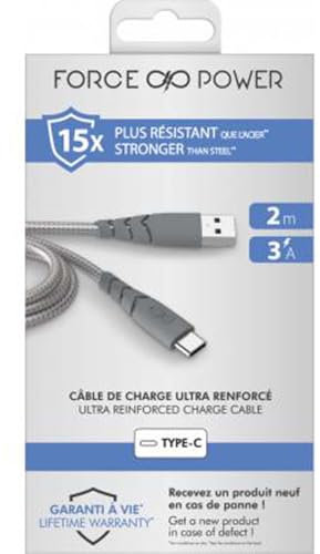 Câble Ultra-renforcé USB A/USB C 2m 3A Garanti à vie Gris - 100% Plastique recyclé Force Power