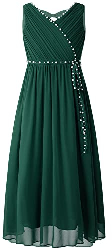 iEFiEL Mädchen Kleid Festlich Lang Kinder Kleidung Hochzeit mit Perlen Schleife Blumenmädchenkleid Prinzessin Kleid Chiffonkleid Grün 158-164