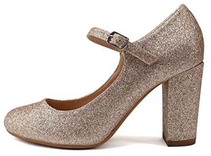 City Classified Comfort Women's Closed Toe Ankle Strap Block Heel, Rose Gold Glitter, 5.5