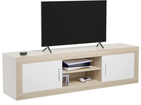 Somnia - Mueble de TV Moderno Modelo Mandi, 2 Compartimentos de Almacenamiento y 2 Puertas, Color Cambria - Blanco, Medidas: 50cm (Alto) x 180cm (Ancho) x 41,4cm (Fondo)