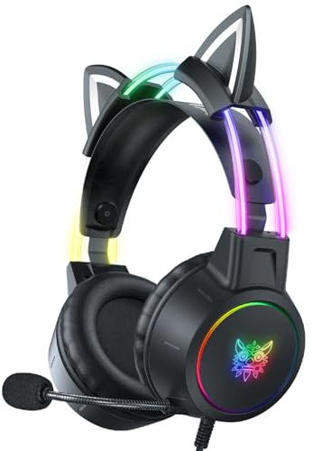 PHNIXGAM Cat Ear Gaming Headset with Mic, 3.5mm Lightweight Headphones with RGB Aluminum Frame, Surround Sound, Compatible with PS4 PS5 Xbox One(Adapter Not Included) PC Mobile Phone, Black