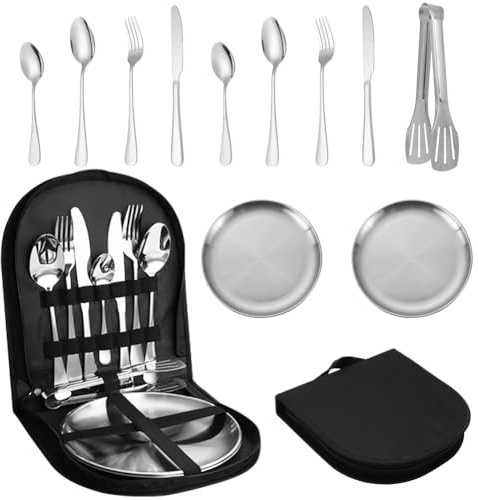 CEWROM Camping Geschirr Set,11-teiliges Portable Besteck Set Campingbesteck Set,Geschirr Set 2 Personen Edelstahl Gabeln Löffel Messer Flaschenöffner Teller Portable für Camping,Reisen (Silver)