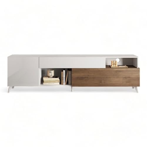 Web Convenienza Base TV con Ante e 2 Cassetti Made in Italy – Credenza Contenitore Collezione Riviera per Soggiorno Cucina Ingresso Sala Mobile Design moderno (Bianco lucido/Mercure, 240 cm)