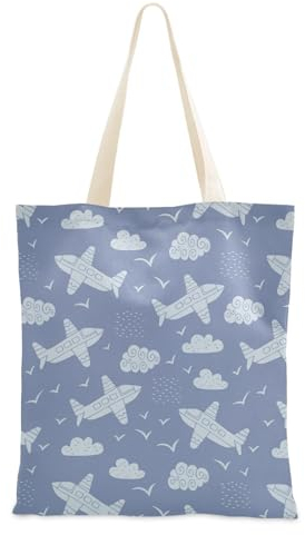 FRODOTGV Decor Leinentasche, Motiv: Flugzeuge, Wolken, Vögel, Blau, für Teenager, Mädchen, wiederverwendbare Einkaufstasche, lässige Tasche mit Tasche für Geschenk, Einkaufen, Einkaufen,