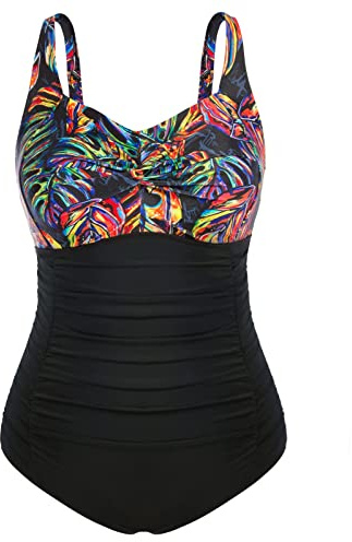 Hanna Nikole Women Plus Size One Piece Swimsuits V-Neck Spaghetti Straps One Piece Swimsuit Colorful Leaves 22 Plus