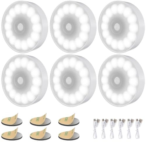Electight 6 Packs Luz Nocturna Sensor Movimiento con 14 LEDs [Nueva Versión], Luces LED Armario Recargable por USB, 3 Modos, Adsorción Magnética para Pasillo, Escaleras, Gabinete, Armarios (Blanco)