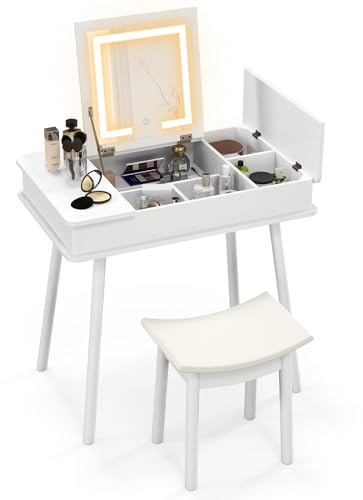 COSTWAY Dressing Table and Stool Set with Flip Top LED Lighted Mirror, USB Charging Station and 7 Hidden Compartments, Wooden Vanity Table Set, Bedroom Dresser Furniture (White)