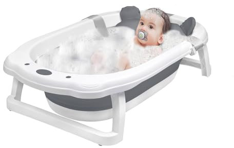 Froadp Faltbare Baby Badewanne Klappbare Babywanne mit Abflusslöchern & Rutschfestem Fußpolster Tragbare Kinderwanne Ergonomische Bathtub für Neugeborene Kleinkinder (Anthrazit, mit Sitzkissen)