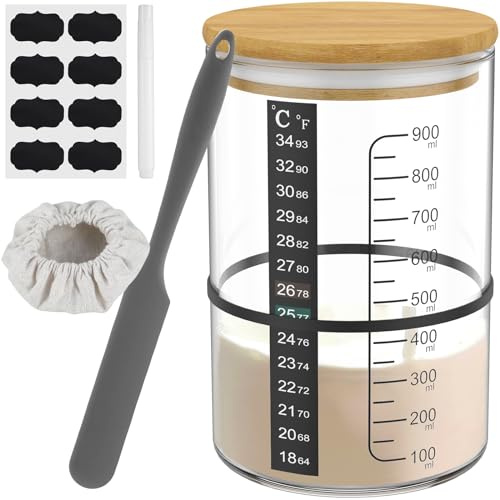 Jokapy 8Pcs Bocaux de Levain avec Échelle, Bocaux de Conservation en Verre et Bois Couvercle Hermétique, Bocal en Verre avec Couvercle Hermétique pour Fermentation du Pain, Tous Types de Farine (A)