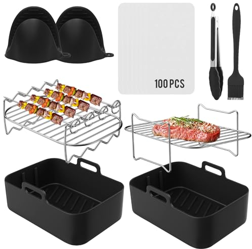 Air Fryer Accessories,Silicone Air Fryer Liners,Set of 9 Pcs Air Fryer Accessories for Ninja/Tower/Salter 7.6L-9.6L Dual Basket Air Fryer Including Air Fryer Racks,Tongs,Gloves,Oil Brush