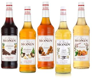 Monin Cafe Probierpaket 5 x 1 l für Kaffee Cocktails und Desserts Sirup - Set mit Vanille - Karamell - Schokolade - Macadamia - Amaretto