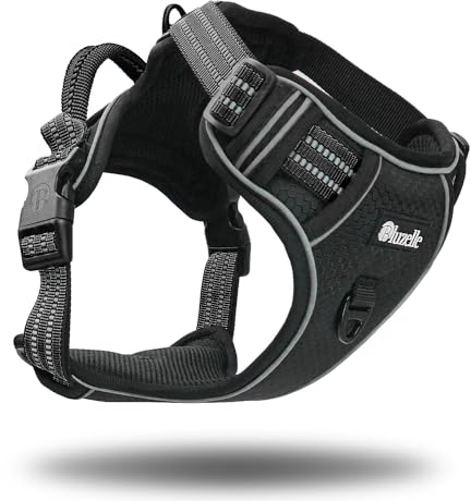 bluzelle Hundegeschirr für große Hunde, Reflektierendes Brustgeschirr mit Griff & Tasche für GPS Tracker, Anti-Zug Hundeweste Hund-Warnweste, Atmungsaktiv Reflektor-Gurte, XL, Schwarz