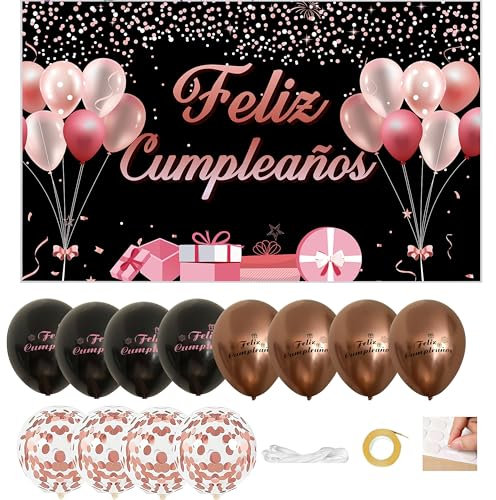 IM® Cartel Feliz Cumpleaños| Pancarta Feliz Cumpleaños en Español medidas 110x180cm Poliester + 12 Globos| Decoración para fiesta de cumpleaños | Photocall (NEGRO-ROSA)