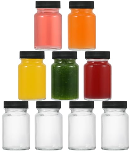 Glass Shot Bottles 60ml, 9pcs 2oz Glass Juice Bottles with Lids, Reusable Small Clear Glass Ginger Bottles with Lids, Wide Mouth Leakproof Mini Glass Bottles for Drinking Dishwasher and Freezer Safe