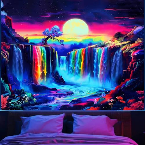 Schwarzlicht-Poster, Wasserfall-Mond-Tapisserie, Schwarzlicht, Neon, UV-reagierender Bergbaum-Wandteppich, Fantasie-Landschaft, Welle, Natur-Tapisserie für Schlafzimmer, Zimmer, Wohnheim-Dekoration