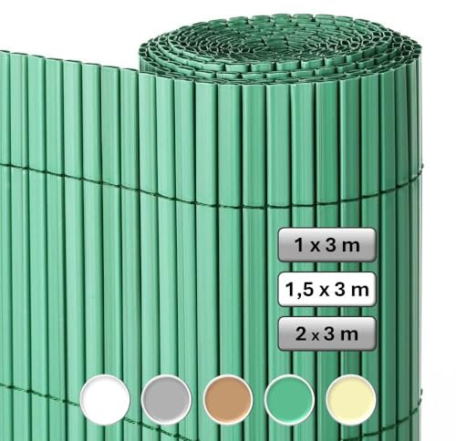 LOLAhome Cañizo PVC de Doble Cara Verde 3x1,5 Metros | Resistente 1.200 gr/m2, Decorativo y Fácil Instalación | Alta Privacidad y Ocultación para Valla, Jardín, Balcón o Terraza