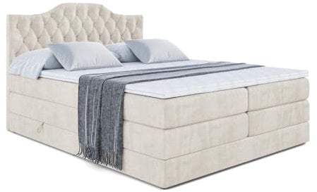 ALTDECOR Boxspringbett mit Matratze und Lattenrost, Topper, Polsterbett mit Bettkasten, Bett mit Stauraum H3- und H4- Matratze, Doppelbett, Springboxbett - Vila-1 King - 120x200 - Beige Samt