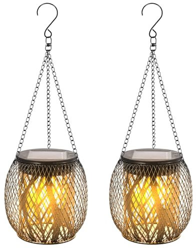 Solarlampen für Außen Hängend, 2 Stück Solar Laternen für Draußen mit Größer LED-Glühbirne, IP65 Wasserdicht Metall/Rattan Solarleuchten für Außen Terrasse Rasen Balkon Hof Gartendeko (2 Stück A)