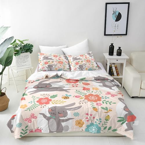ANHOPE Kaninchen Floral Schmetterling Bettwäsche Set Microfaser Bettbezüge mit Reißverschluss 2 Teilig Bettbezug 135x200 cm + Kissenbezug 80x80 cm Weich Bettdeckenbezug Set für Kinder Jungen Mädchen