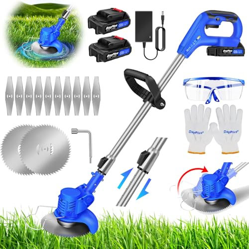 Cordless Strimmer 21V, Portable Battery Garden Strimmer Cordless Electric Lawn Mower Garden Weed Remover Tools, Lightweight Grass Cutter, Cordless Grass Trimmer with Blades 2x1.5Ah Battery and Charger