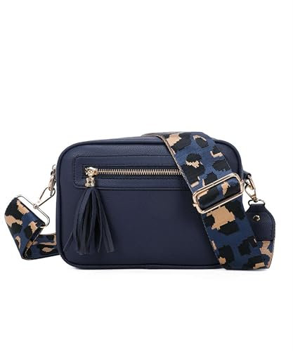 Fontanella Fashion Women's Dual Compartment Wide Strap Tassel Camera Lighweight Shopper Crossbody Shoulder Handbag (Oxford Blue)