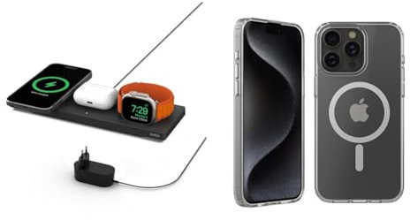 Belkin 3-in-1-Ladegerät, MFi-zertifiziertes Ladepad, MagSafe Ladestation & Belkin SheerForce antimikrobielle, mit MagSafe kompatible Handyhülle für iPhone 15 Pro Max