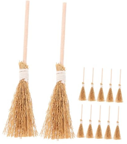 Amosfun 12pcs Broomstick Props Halloween House Decor Small Straw Broom for Witch Set