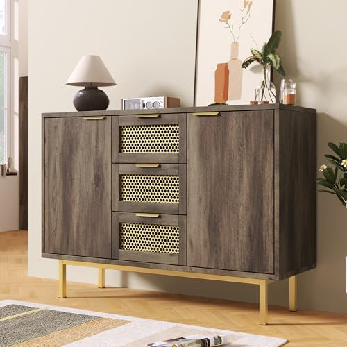 Aoskem Sideboard Kommode mit Stauraum, Sideboard Wohnzimmer, 120x40x76cm, Buffetschrank Küchenschrank Schließfach Standschrank Anrichte Schrank Küche Schlafzimmer, Dunkelbraun (3 Schubladen & 2 Türen)