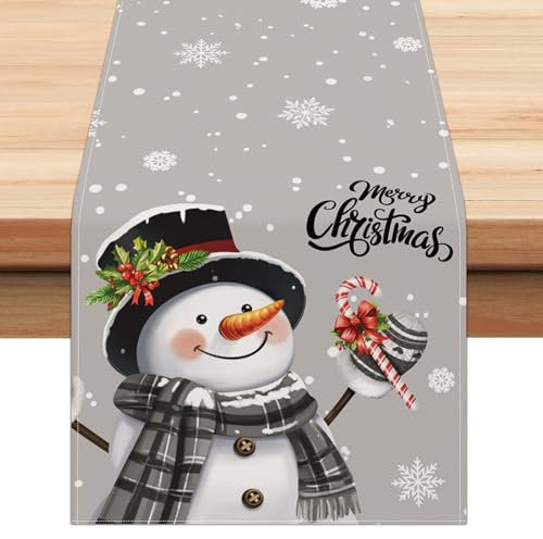 Bonhause Tischläufer Grauer Schneemann Weihnachten Tischläufer Winter Schneeflocken Urlaub Küche Esstisch Dekoration für Drinnen Draußen Urlaub Party Waschbar Wohnkultur Tafeltuch (33 x 183 cm)