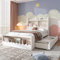 FEZTOY Einzelbett Holzbett 90x200, Massivholz Kinderbett mit 2 Schubladen & Regal, Bettgestell mit Bücherregal und Stauraum Sitzbank, Jugendbett, Funktionsbett, ohne Matratze, Weiß mit Eichefarben