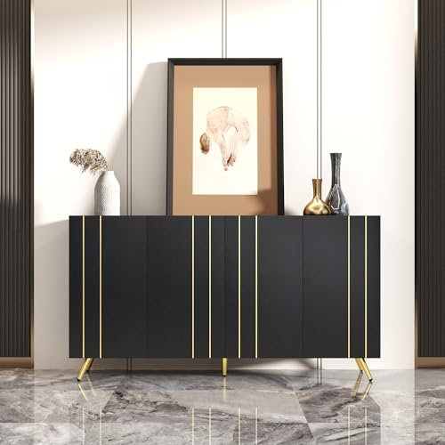HAINEW Sideboard mit 4 Türen und Goldene Füße, Moderner Schwarz Buffet Aufbewarhungsschrank Kücheschrank Mehrzweckschrank mit Goldene Streifenverzierung für Wohnzimmer Schlafzimmer