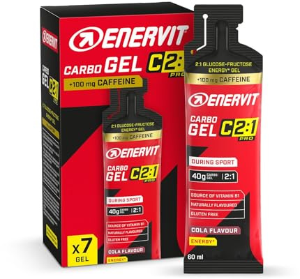 Enervit, Carbo Gel C2:1PRO con Caffeina, Gel Energetico, 40g di Carboidrati, Per Attività ad Alta Intensità, +50% di Carboidrati Assorbiti, Gusto Cola, Senza Glutine, Alta Digeribilità, 7 Pack da 60ml