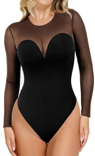 Popilush Shapewear Bodysuit for Women Tummy Control Long Sleeve Thong Bodysuit With Built In Bra Crew Neck Mesh Shapewear Top