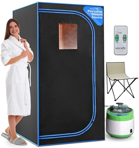 SereneLife Portable Steam Sauna for Home with 4L Steamer, Folding Chair, Remote Control, 9 Heat Levels, Compact Indoor Sauna Tent, Personal Spa, 71 x 35
