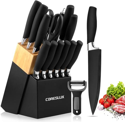 CORESLUX Kitchen Knife Sets, 15-Piece Knife Sets with Block, Stainless Steel Knife Block Sets with Giftbox, Includes Chef, Bread Knife, Steak Knives, Paring Knives & Scissors, Sharpener.