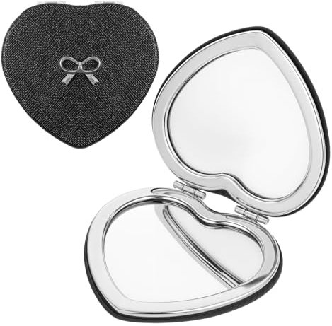 AOZUO Mini Klappspiegel in Herzform, Tragbare 1X/2X Kleiner Spiegel Modisches Mattiertes Gefühl herzförmiger Doppelseitiger Mini Schminkspiegel für Frauen, zu Hause, im Büro und auf Reisen(Silber)