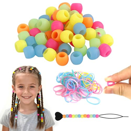 WATUNID 50PCS Silicone Hair Beads for Braids for Kids, Colorful Soft Beads for Hair with Beading Needle and Toddler Hair Bands, Kids Hair Accessories for Girls Women Braids Decoration DIY Keychains