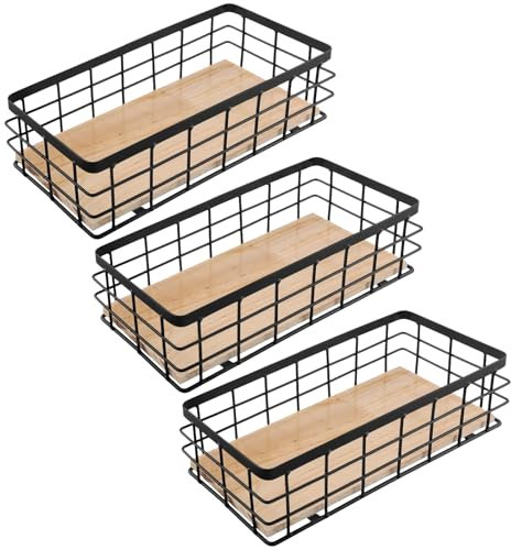 MOUYAT 3 Pack Small Wire Storage Basket, Metal Wire Basket Bins, Decorative Wood Base Organizer for Kitchen, Laundry Room, 25 x 10 x 7cm